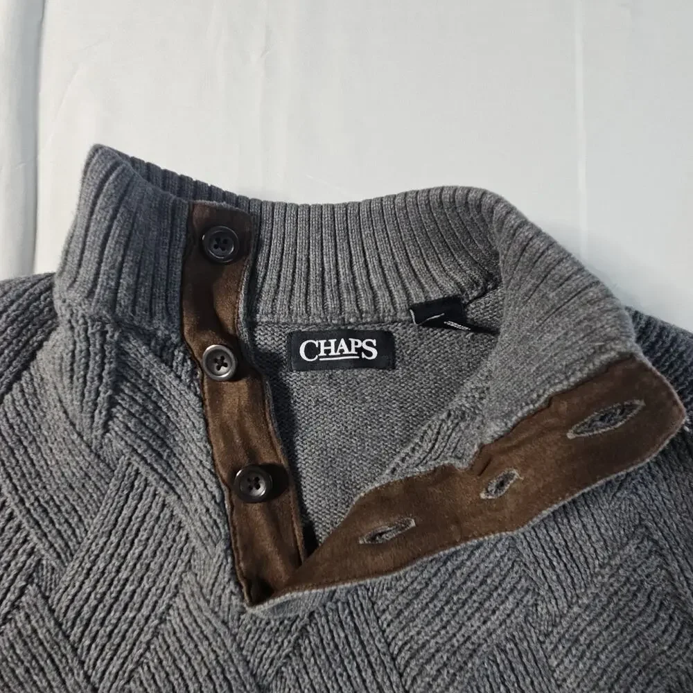 Chaps Mens Gray Pullover Sweater Mock Neck Faux Suede Trim Large